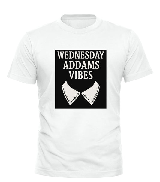 Good Trouble Garments white t-shirt with Wednesday Addams vibe t-shirt graphic and stitched collar design