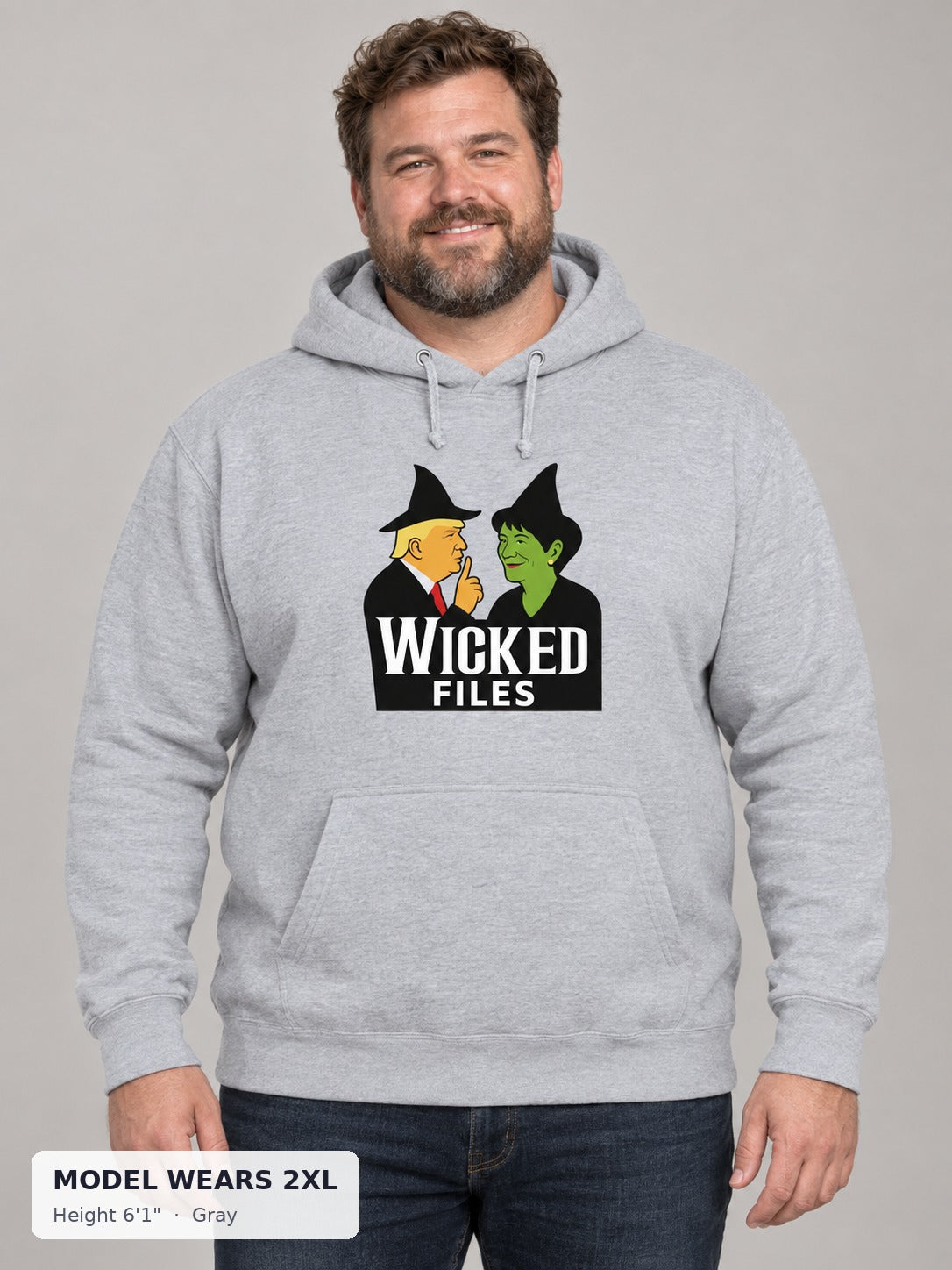 Wicked Epstein Files Hoodie in Gray on a plus-size model wearing size 2XL, 6'1" - Good Trouble Fashion