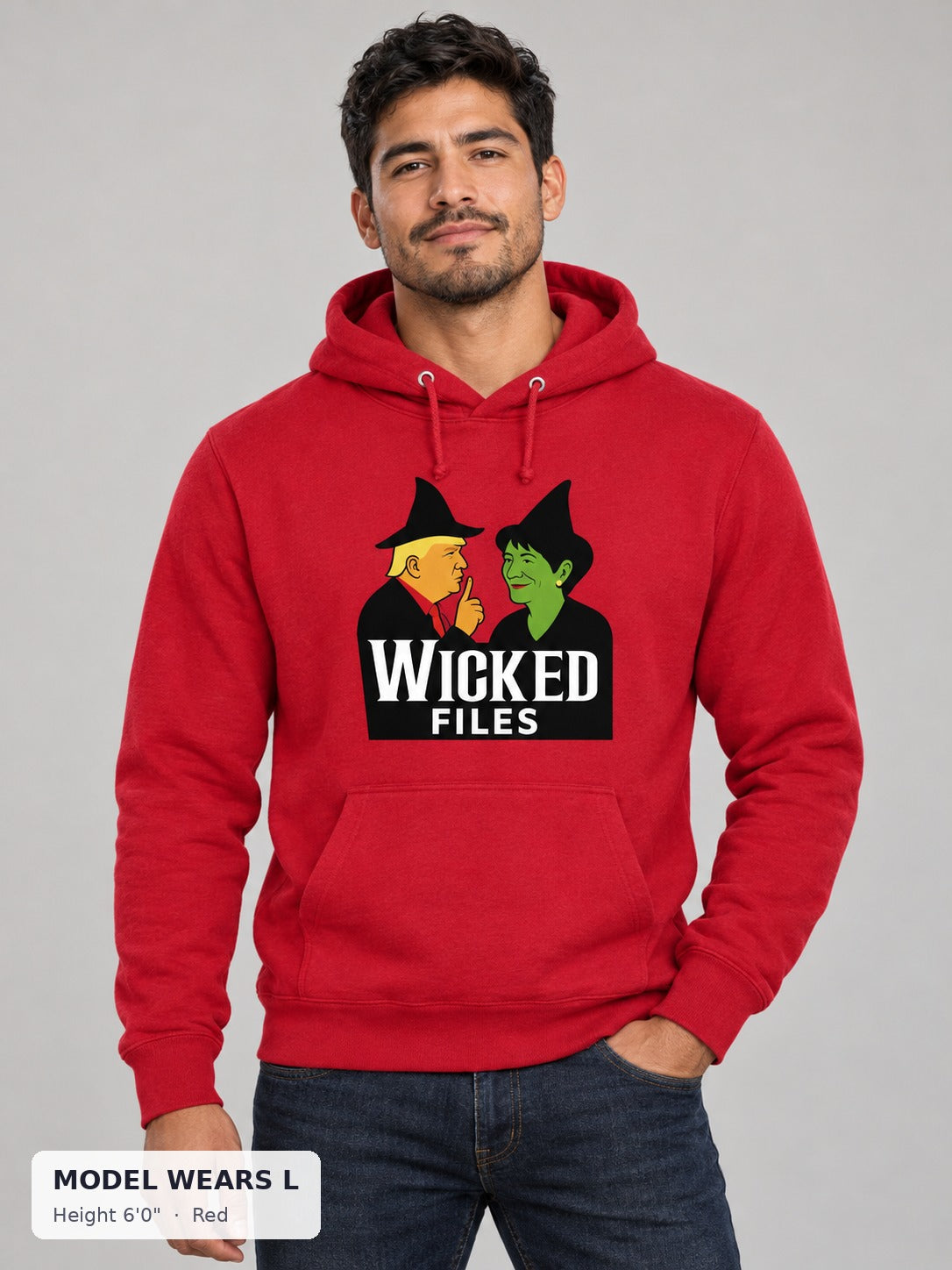 Wicked Epstein Files Hoodie in Red on an athletic model wearing size L, 6'0" - Good Trouble Fashion
