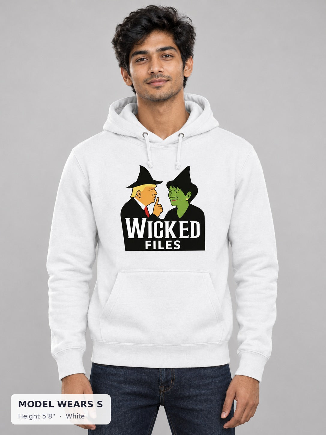 Wicked Epstein Files Hoodie in White on a slim model wearing size S, 5'8" - Good Trouble Fashion