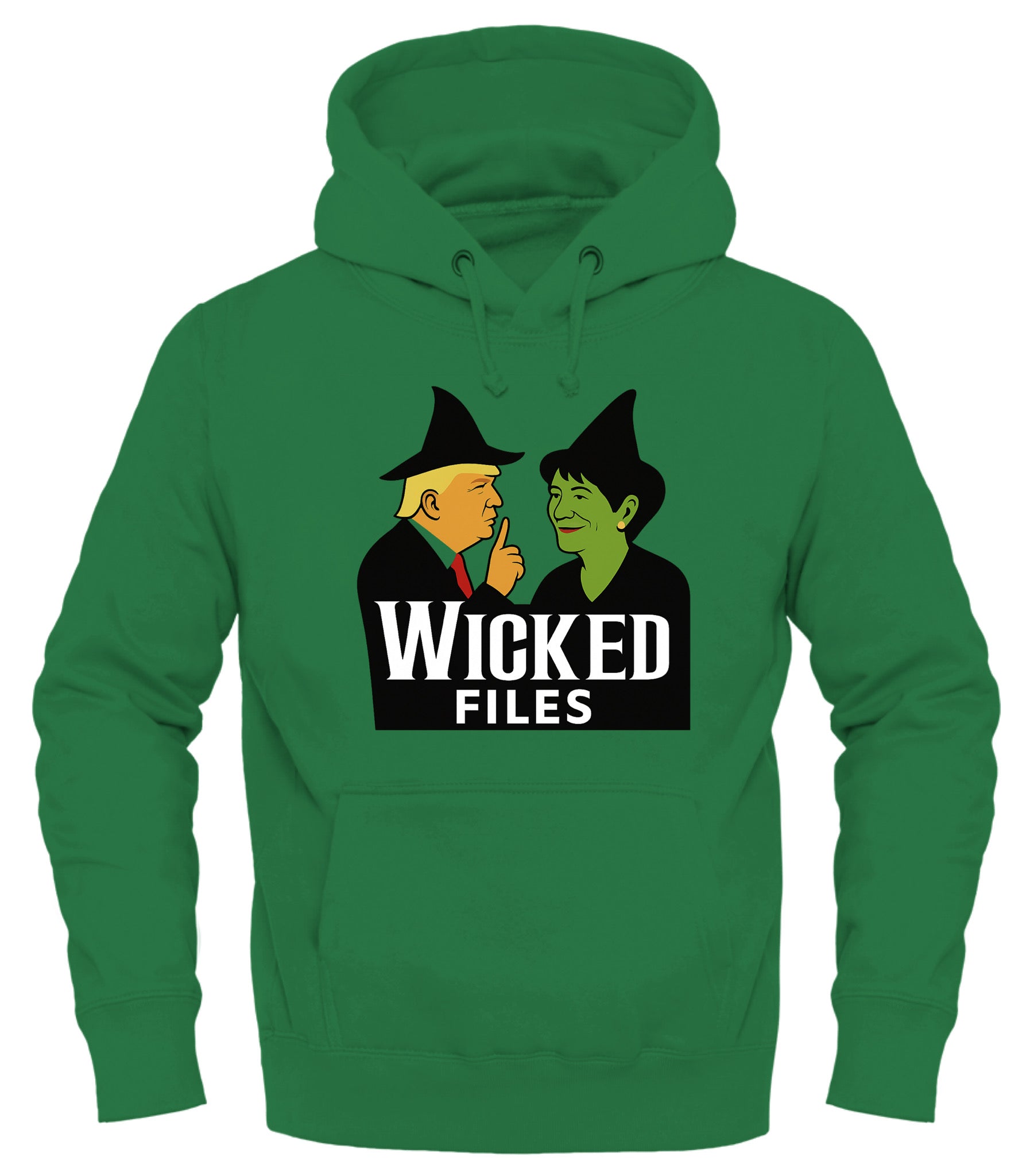 Green Wicked Files hoodie featuring a graphic of two characters with a playful design