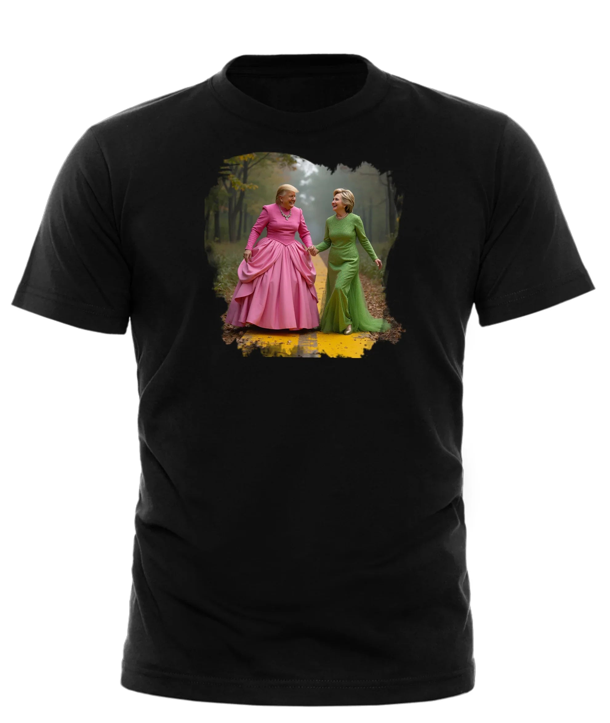 Good Trouble Garments wicked little trumpy tee featuring two women in colorful dresses holding hands on black shirt