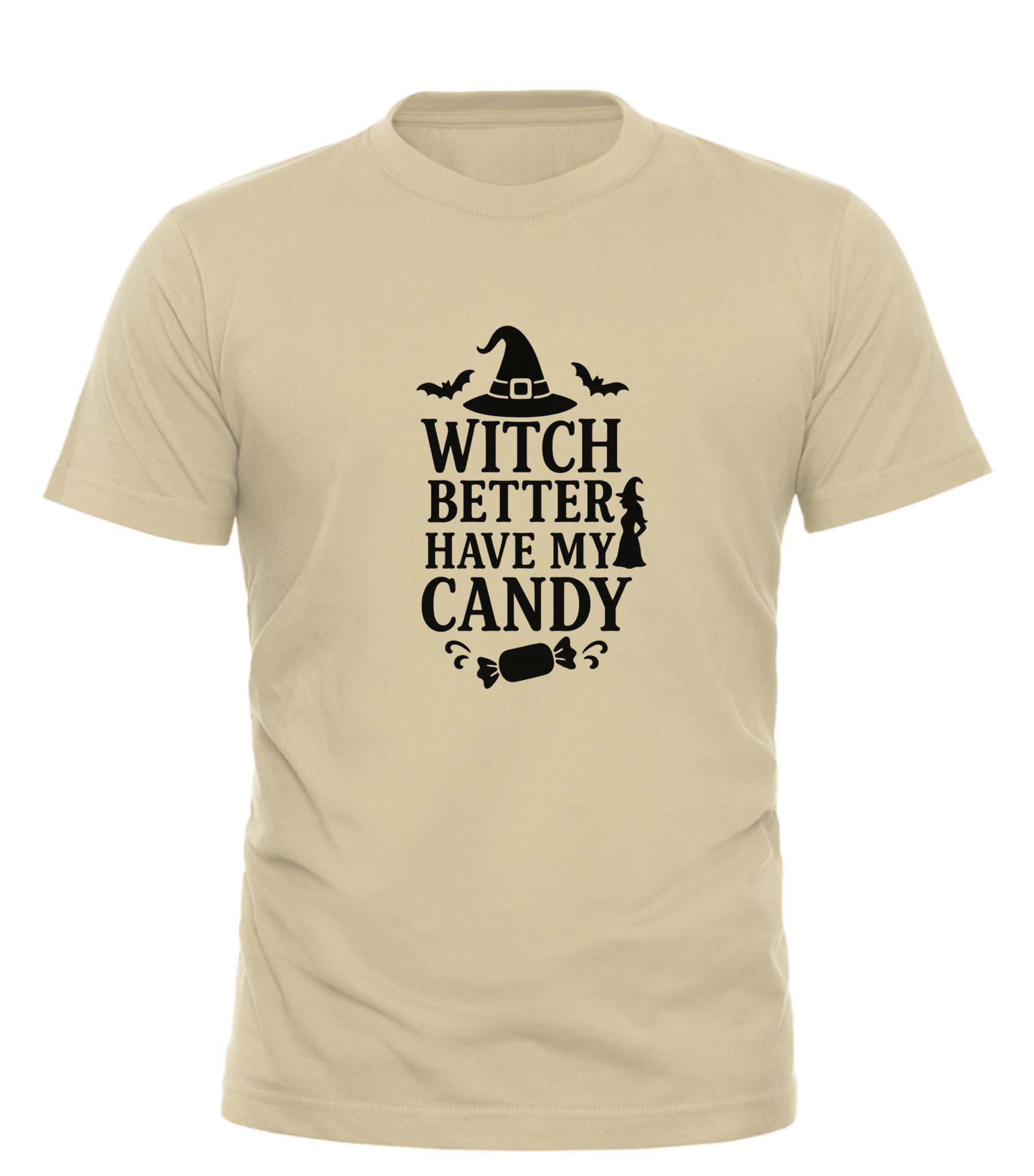 Beige witch better have my candy shirt with Halloween hat, bats, candy, and witch silhouette design