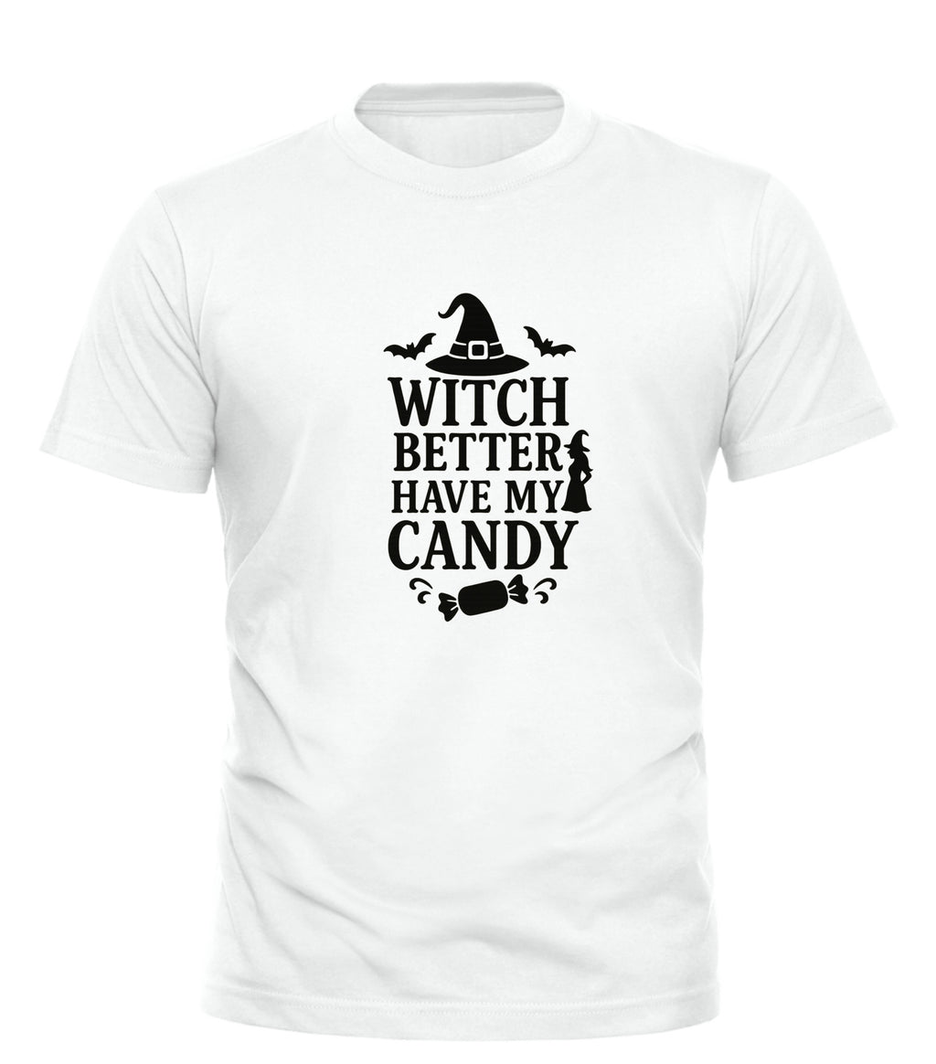 White Good Trouble Garments witch better have my candy shirt with black Halloween-themed design