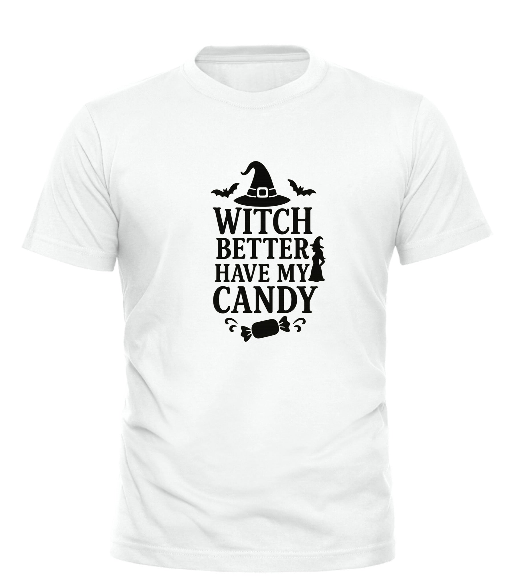 White Good Trouble Garments witch better have my candy shirt with black Halloween-themed design