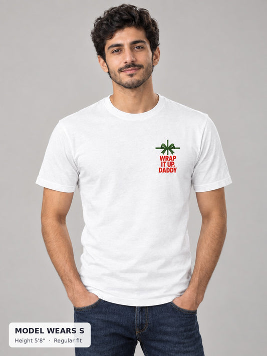 Wrap It Up Daddy Holiday Tee on a slim model wearing size S, 5'8" - Good Trouble Fashion
