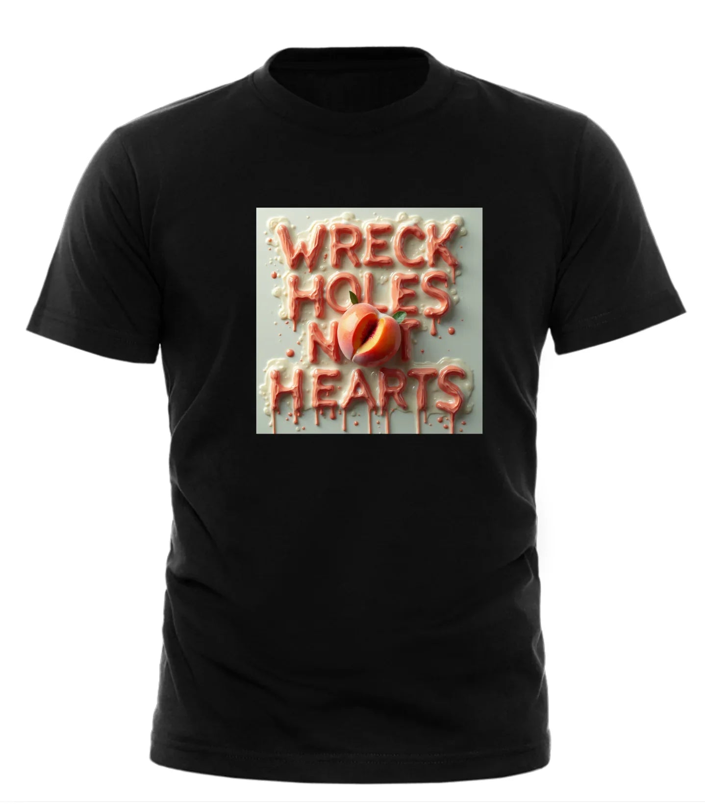 Black Good Trouble Garments wreck holes not hearts shirt with bold red graphic design on front