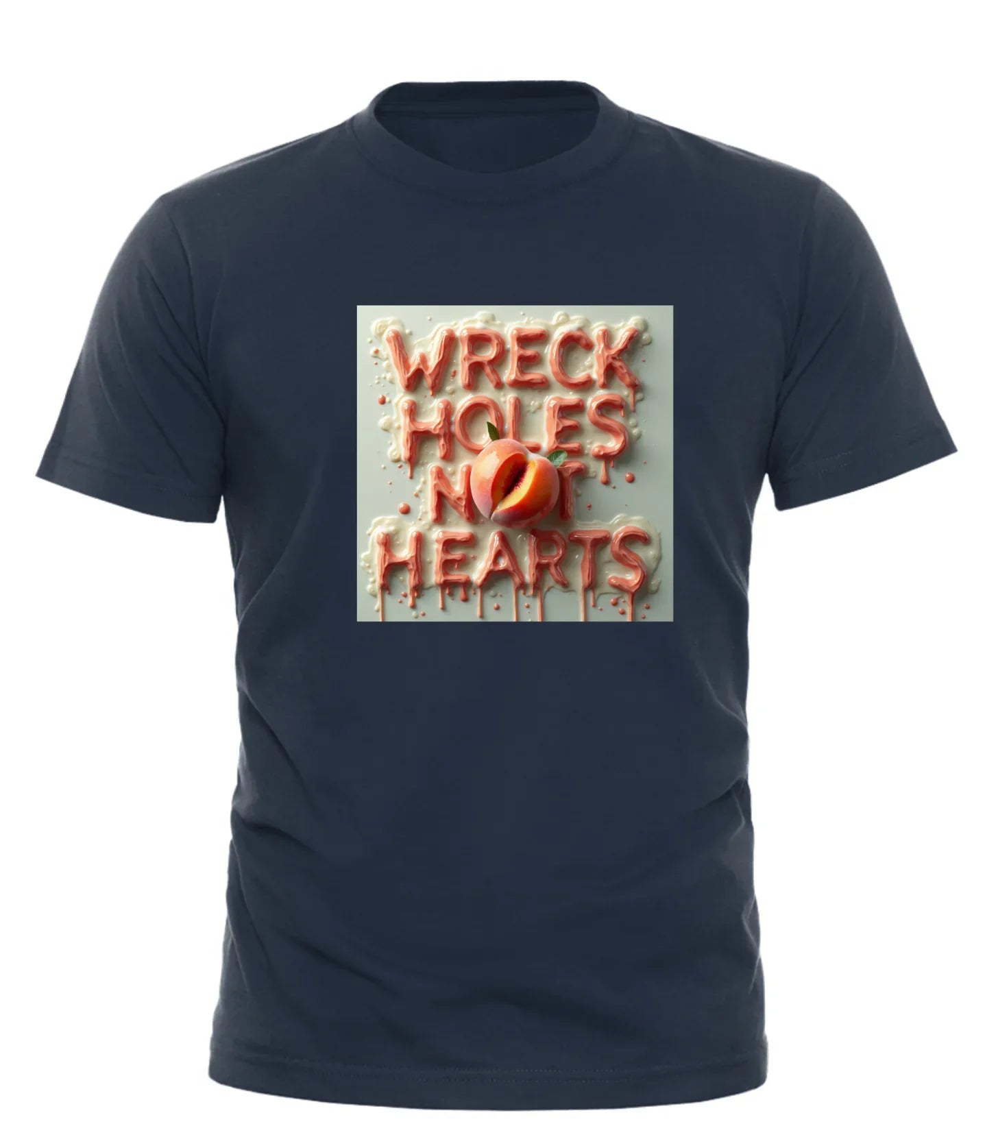 Good Trouble Garments wreck holes not hearts shirt in navy with bold graphic text design
