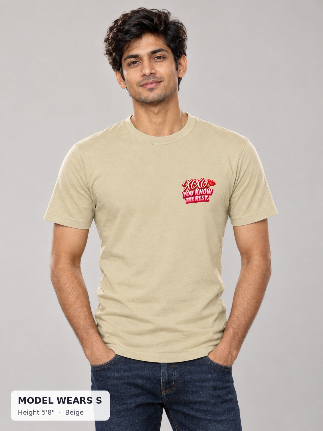 XOXO Flirty Tee in Beige on a slim model wearing size S, 5'8" - Good Trouble Fashion