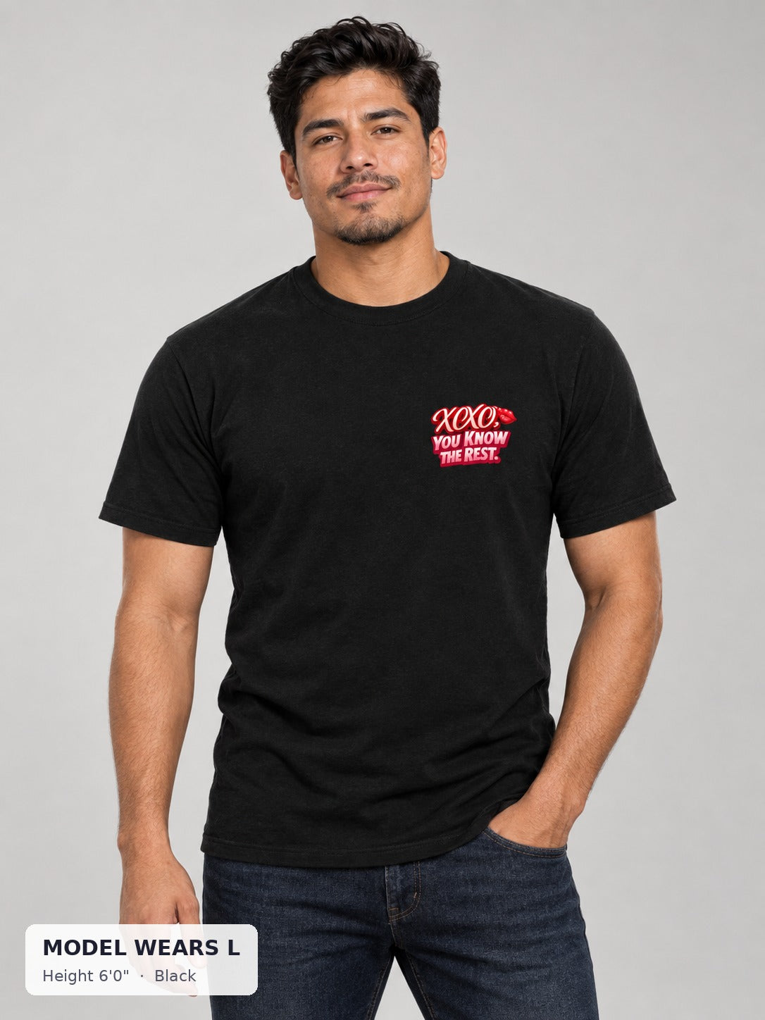XOXO Flirty Tee in Black on an athletic model wearing size L, 6'0" - Good Trouble Fashion
