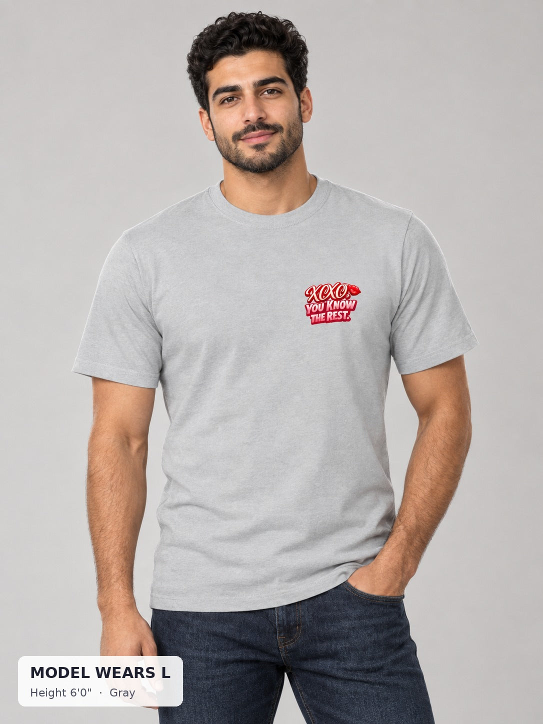 XOXO Flirty Tee in Gray on an athletic model wearing size L, 6'0" - Good Trouble Fashion