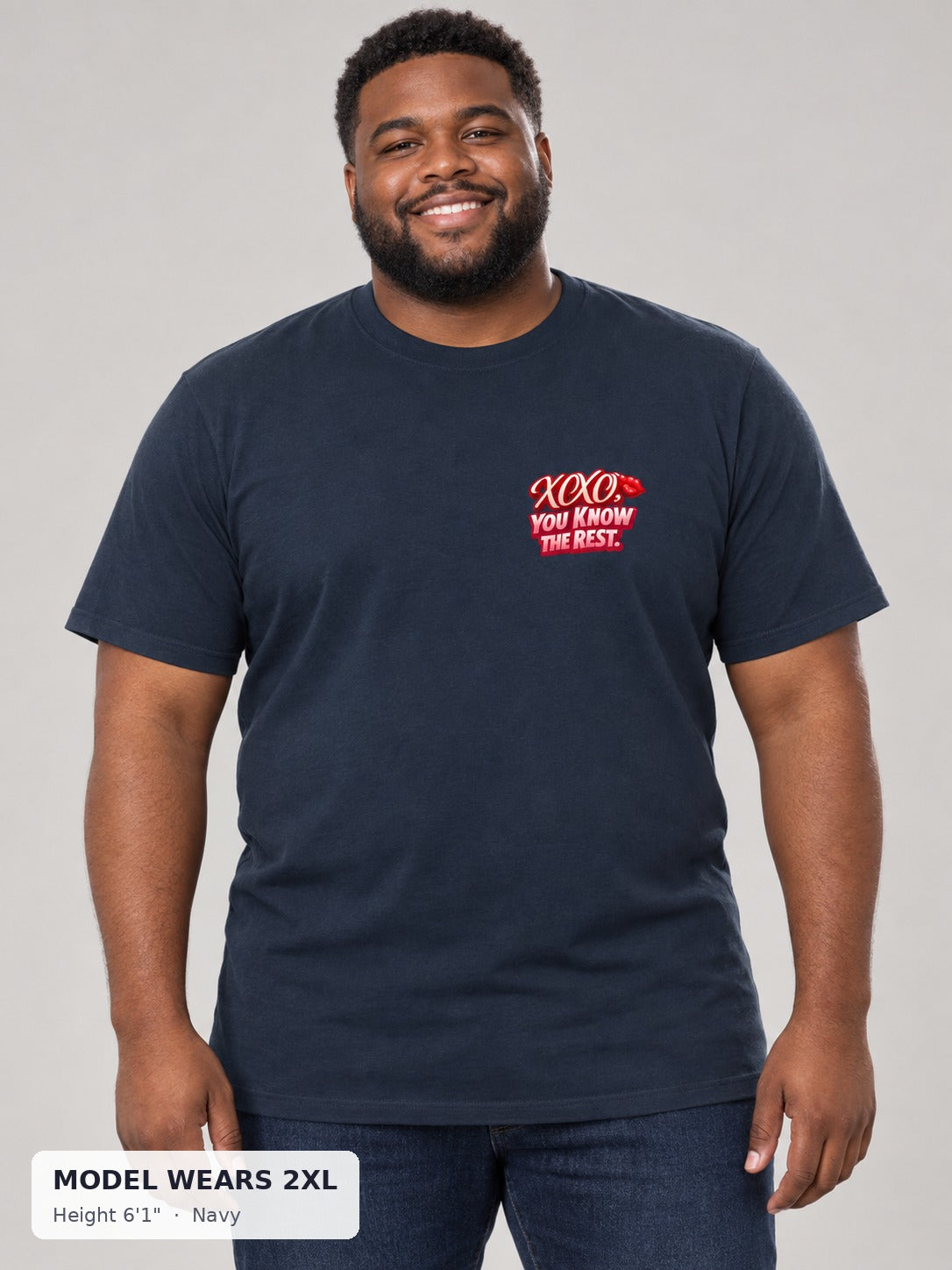 XOXO Flirty Tee in Navy on a plus-size model wearing size 2XL, 6'1" - Good Trouble Fashion
