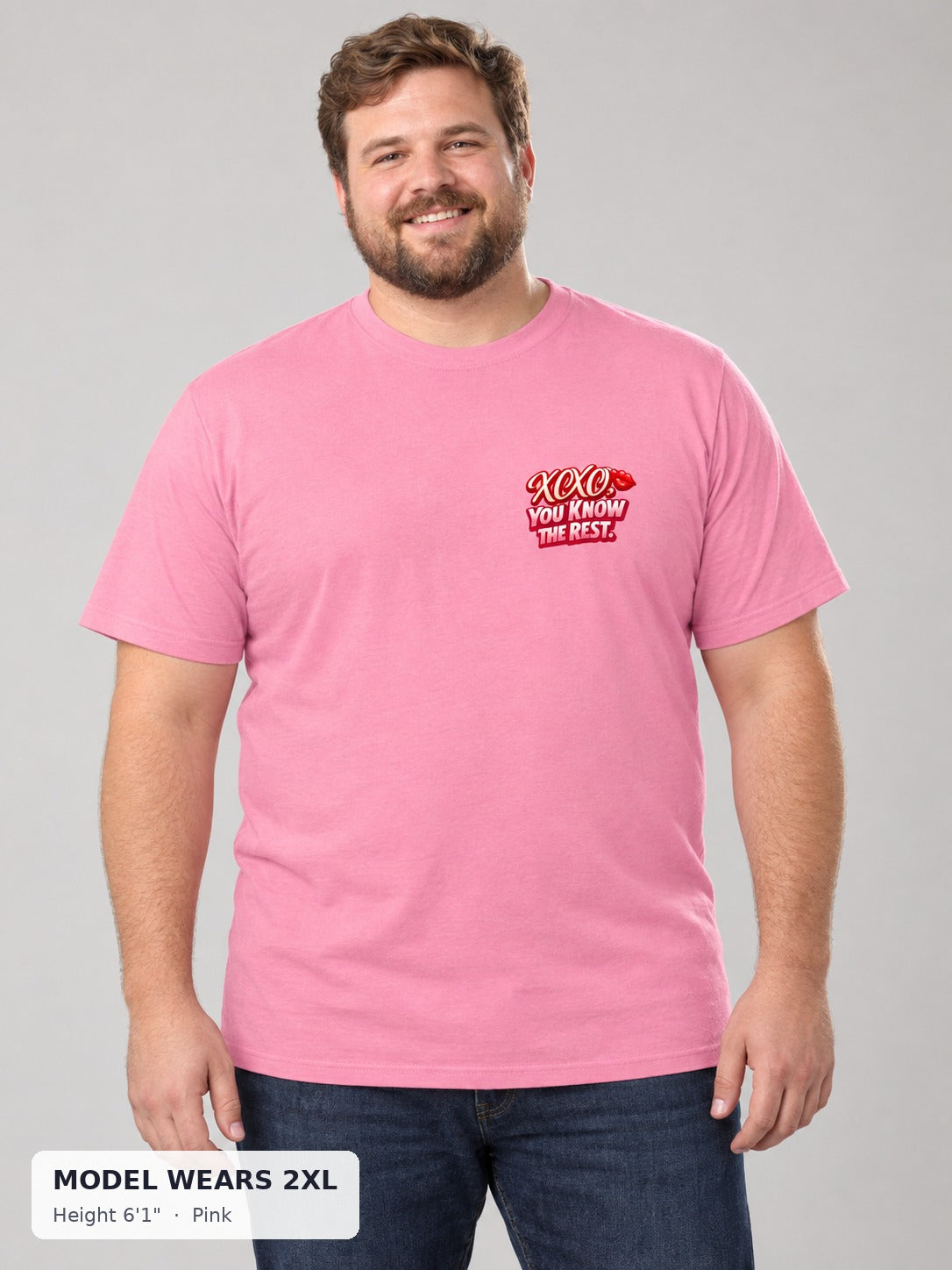 XOXO Flirty Tee in Pink on a plus-size model wearing size 2XL, 6'1" - Good Trouble Fashion