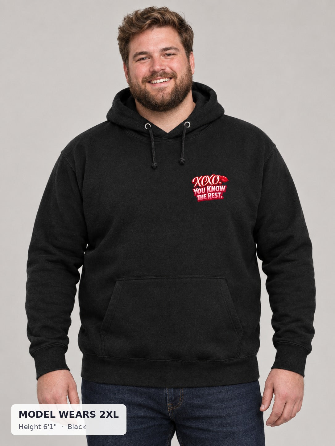 XOXO Valentine's Hoodie in Black on a plus-size model wearing size 2XL, 6'1" - Good Trouble Fashion