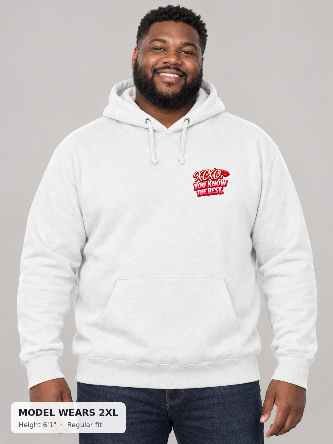 XOXO Valentine's Hoodie on a plus-size model wearing size 2XL, 6'1" - Good Trouble Fashion