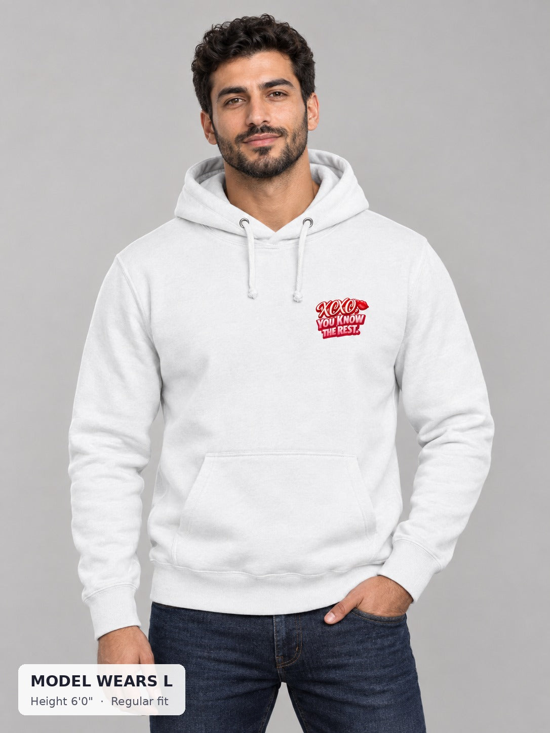 XOXO Valentine's Hoodie on an athletic model wearing size L, 6'0" - Good Trouble Fashion
