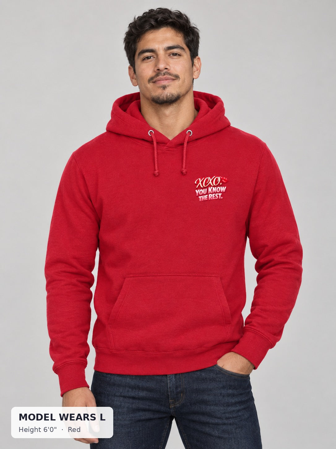 XOXO Valentine's Hoodie in Red on an athletic model wearing size L, 6'0" - Good Trouble Fashion