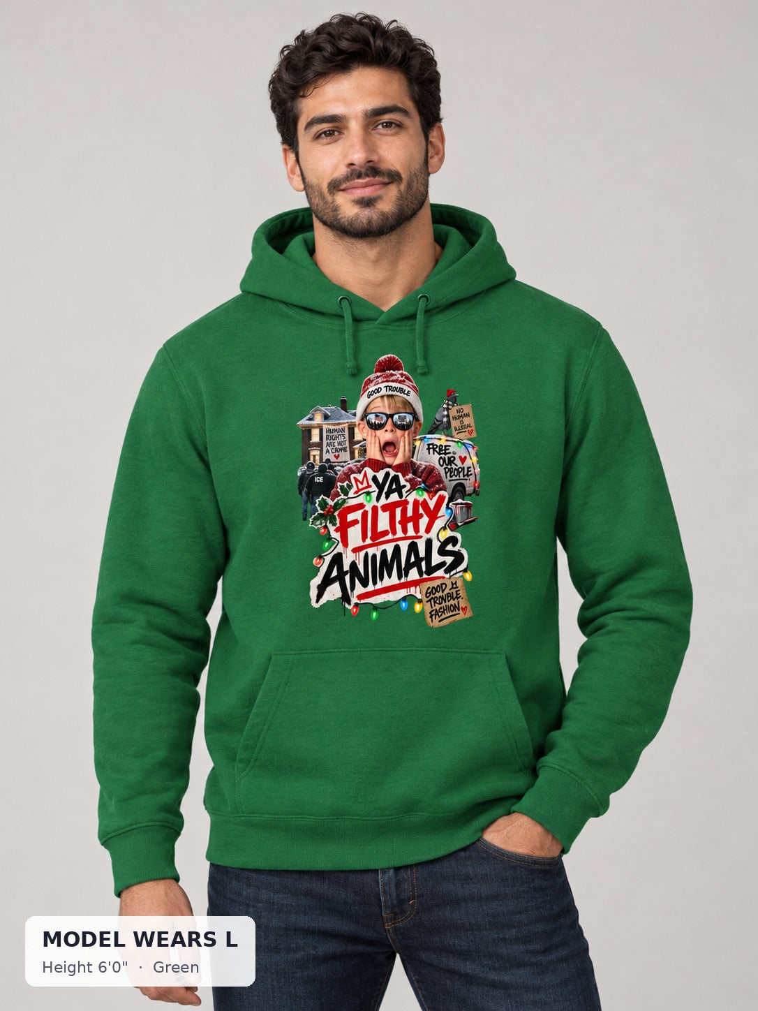 Ya Filthy Animals Holiday Hoodie in Green on an athletic model wearing size L, 6'0" - Good Trouble Fashion