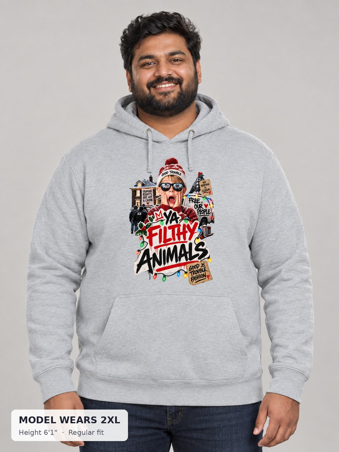 Ya Filthy Animals Holiday Hoodie on a plus-size model wearing size 2XL, 6'1" - Good Trouble Fashion