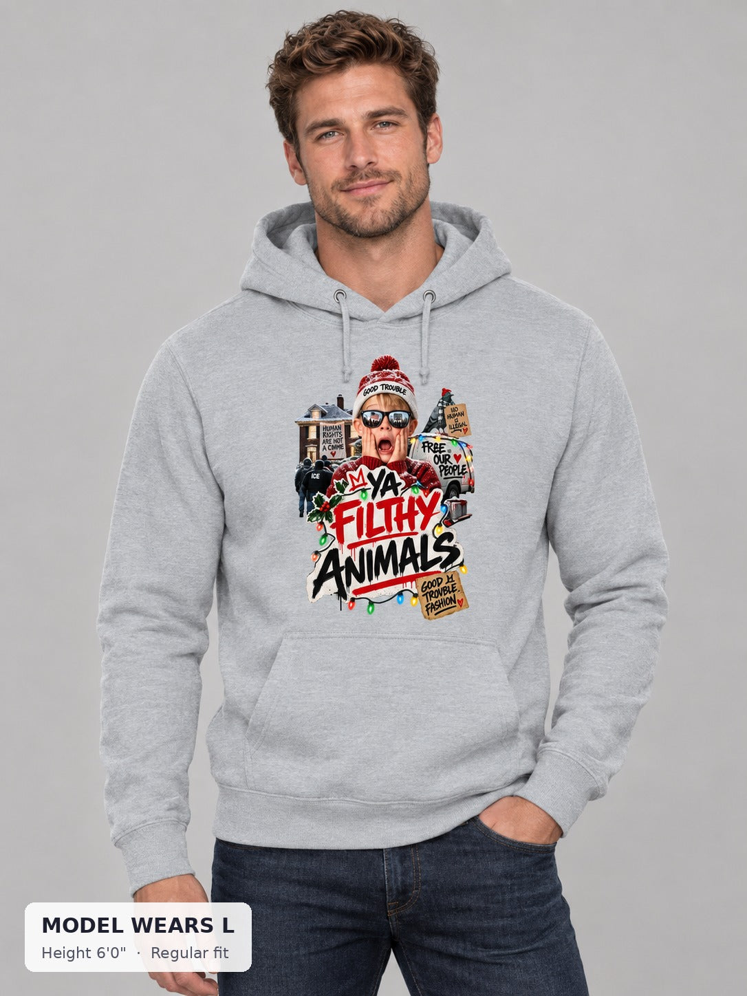 Ya Filthy Animals Holiday Hoodie on an athletic model wearing size L, 6'0" - Good Trouble Fashion