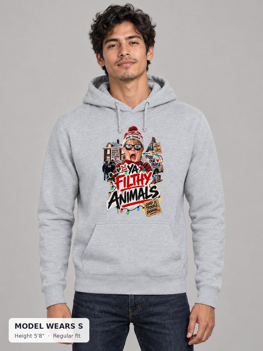 Ya Filthy Animals Holiday Hoodie on a slim model wearing size S, 5'8" - Good Trouble Fashion