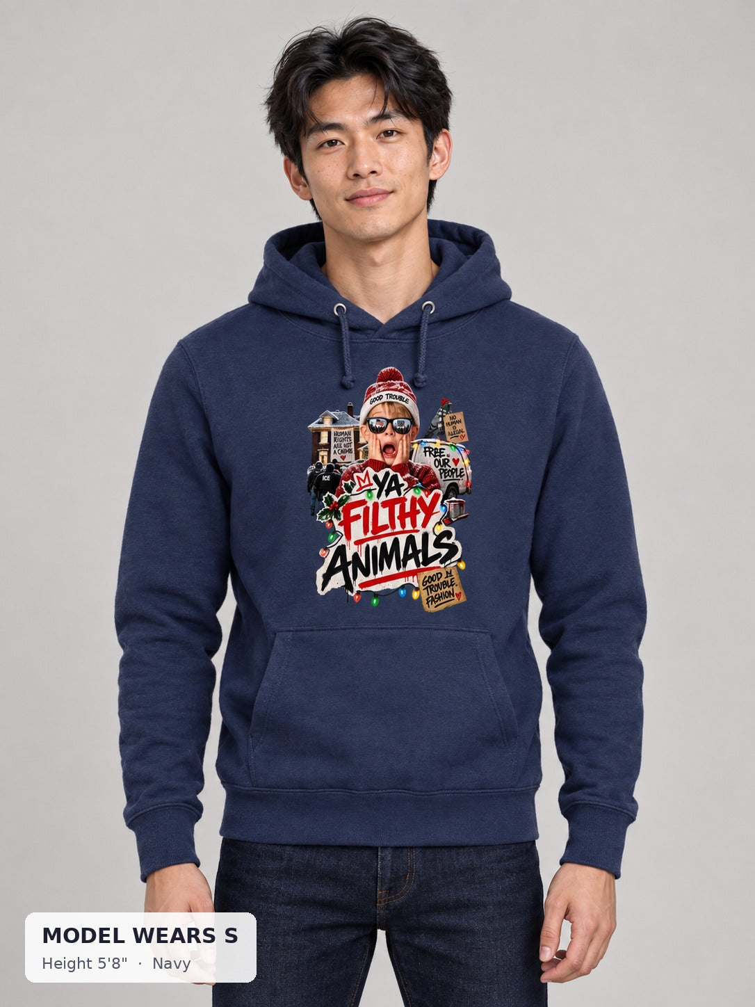 Ya Filthy Animals Holiday Hoodie in Navy on a slim model wearing size S, 5'8" - Good Trouble Fashion