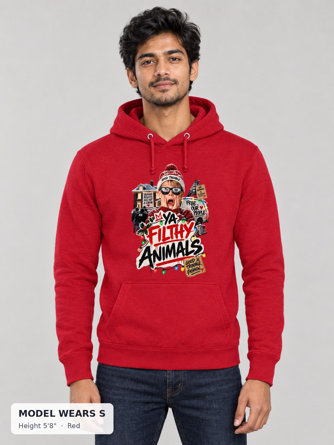 Ya Filthy Animals Holiday Hoodie in Red on a slim model wearing size S, 5'8" - Good Trouble Fashion