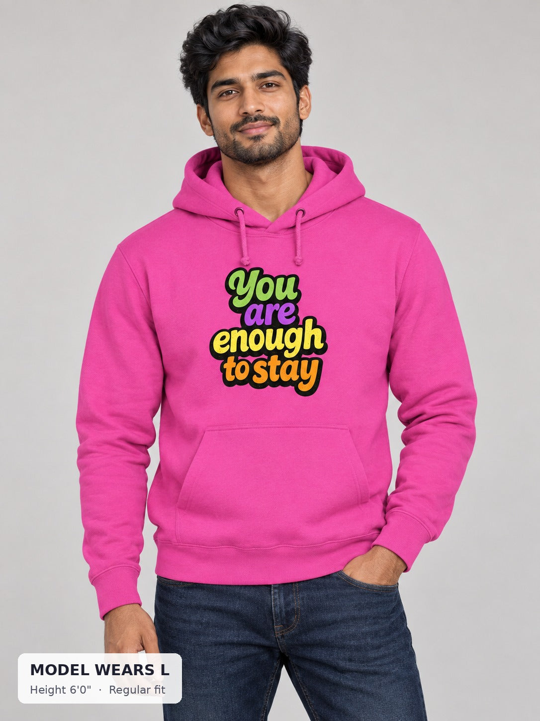 You Are Enough Hoodie on an athletic model wearing size L, 6'0" - Good Trouble Fashion