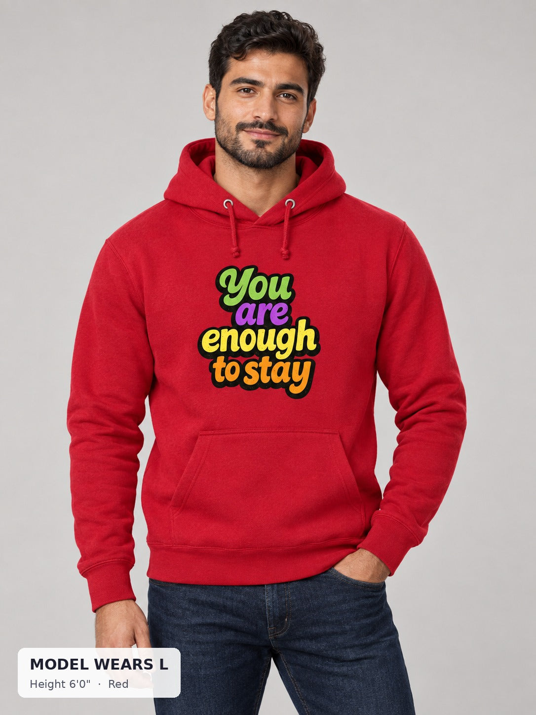 You Are Enough Hoodie in Red on an athletic model wearing size L, 6'0" - Good Trouble Fashion