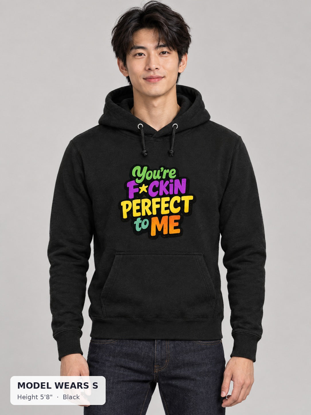 You're Perfect to Me Hoodie in Black on a slim model wearing size S, 5'8" - Good Trouble Fashion