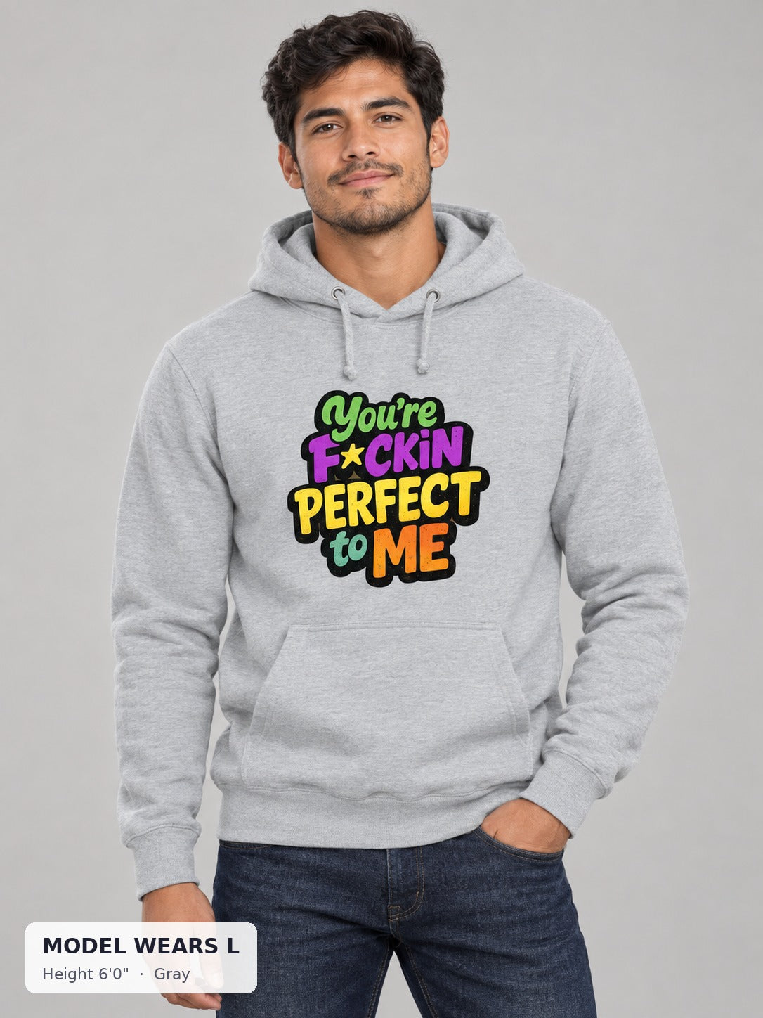 You're Perfect to Me Hoodie in Gray on an athletic model wearing size L, 6'0" - Good Trouble Fashion