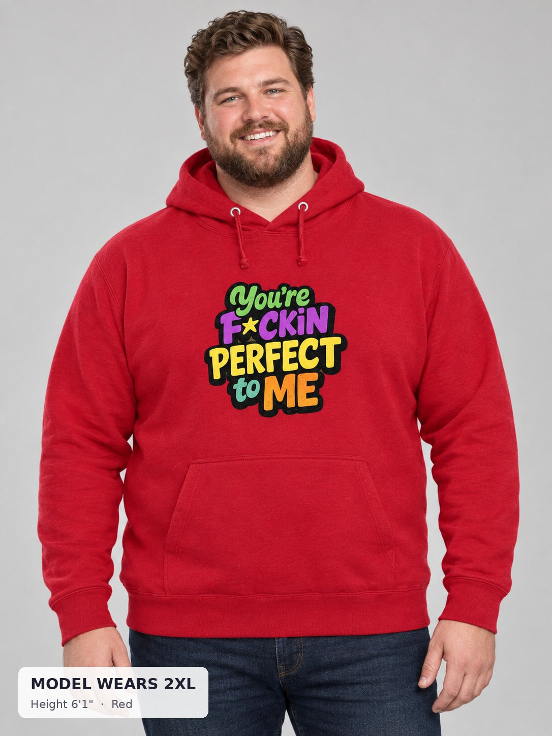 You're Perfect to Me Hoodie in Red on a plus-size model wearing size 2XL, 6'1" - Good Trouble Fashion