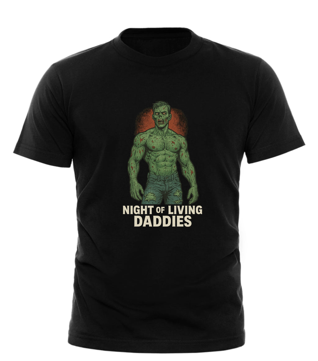 Night of the Living Daddies t-shirt black tee with green zombie dad illustration and vintage text