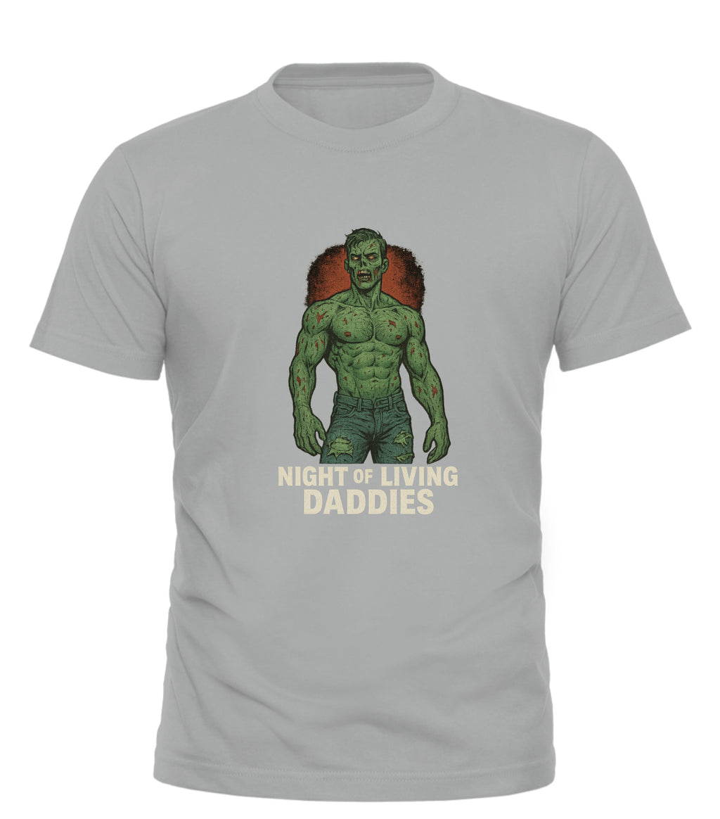 Night of the Living Daddies t-shirt by GOOD TROUBLE FASHION light gray tee with green zombie dad graphic and distressed text