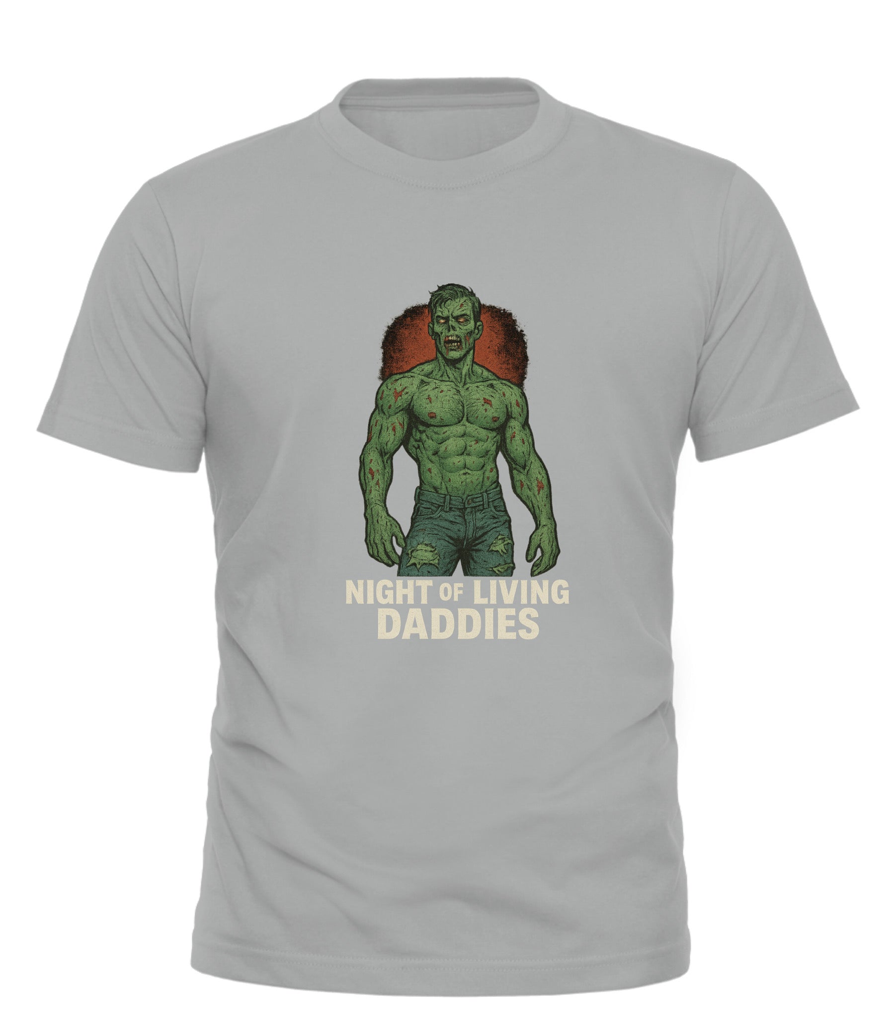 Night of the Living Daddies t-shirt by GOOD TROUBLE FASHION light gray tee with green zombie dad graphic and distressed text